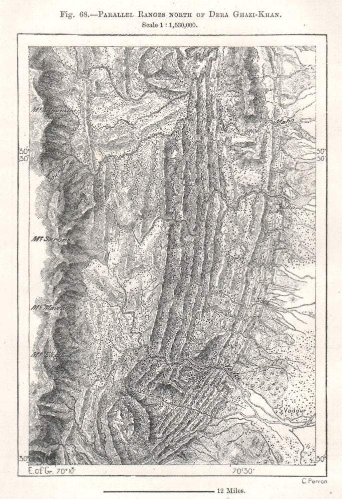 Parallel Ranges North of Dera Ghazi-Khan. Pakistan. Sketch map 1885 old